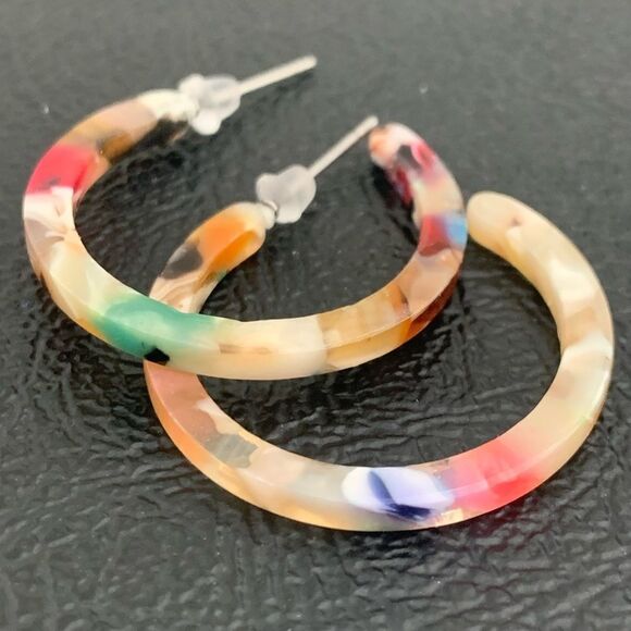 Unique Hand Marbleized Colorful Rainbow Acetate Hoop Sustainably Made Earrings - Picture 4 of 10